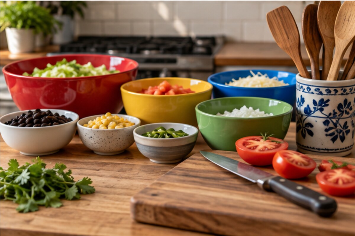 Fotografía culinaria: Una cocina compartida con utensilios claros